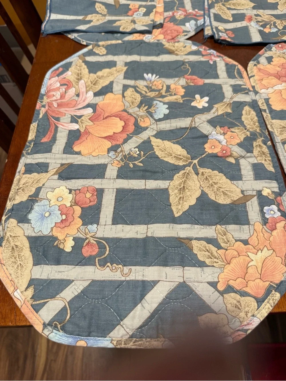 Floral Quilted Dining Placemats and Napkins - Blue and Gold